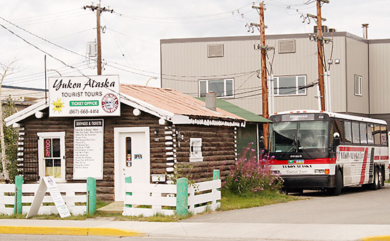 A Yukon Alaska Tourist Tours motorcoach en route from Whitehorse, Yukon to Skagway, Alaska.