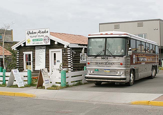 A Yukon Alaska Tourist Tours motorcoach en route from Whitehorse, Yukon to Skagway, Alaska.