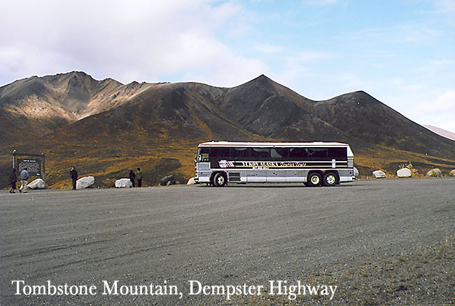 A Yukon Alaska Tourist Tours motorcoach en route from Whitehorse, Yukon to Skagway, Alaska.