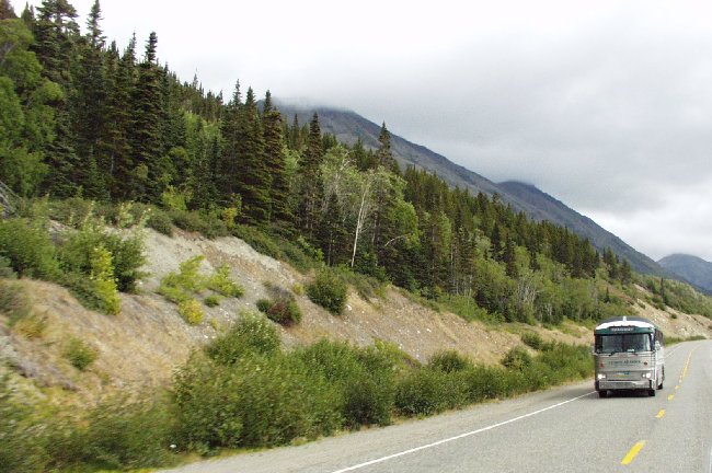 A Yukon Alaska Tourist Tours motorcoach en route from Whitehorse, Yukon to Skagway, Alaska.
