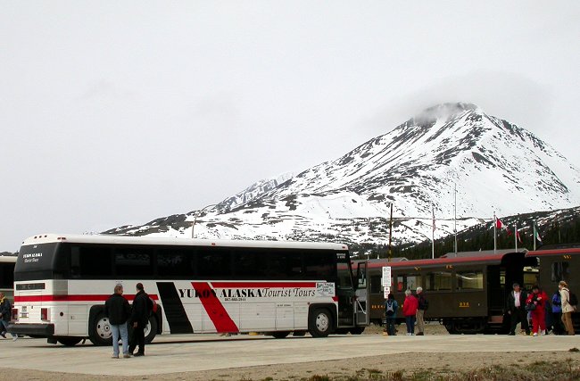 A Yukon Alaska Tourist Tours motorcoach en route from Whitehorse, Yukon to Skagway, Alaska.