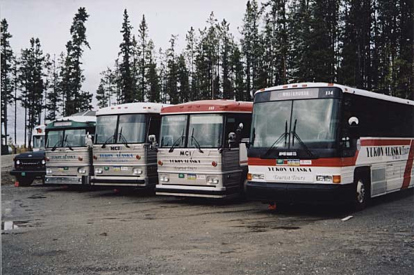 A Yukon Alaska Tourist Tours motorcoach en route from Whitehorse, Yukon to Skagway, Alaska.