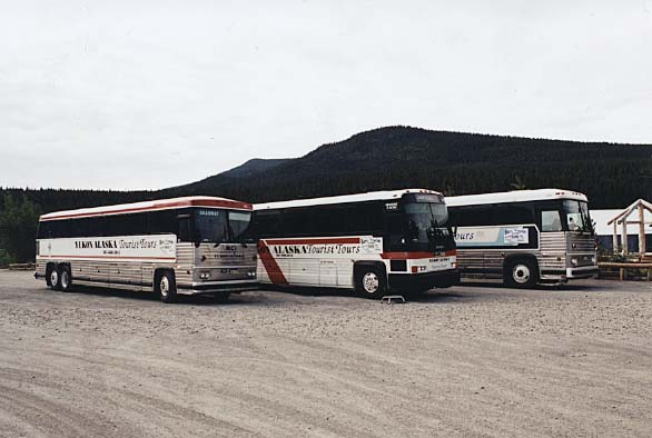 A Yukon Alaska Tourist Tours motorcoach en route from Whitehorse, Yukon to Skagway, Alaska.