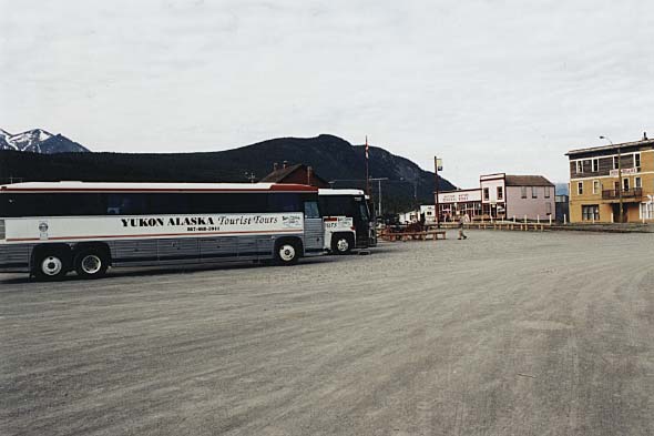 A Yukon Alaska Tourist Tours motorcoach en route from Whitehorse, Yukon to Skagway, Alaska.