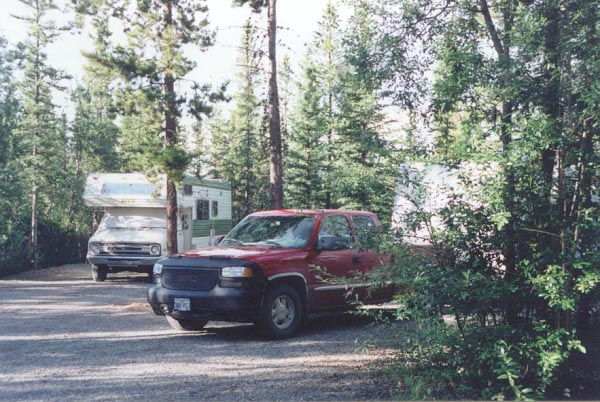 Some of the wooded sites at Pioneer RV Park & Campground in Whitehorse, Yukon